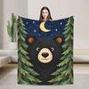 Black Bear Fleece Throw Blanket, Starry Night Pine Forest, Rustic Cabin Decor