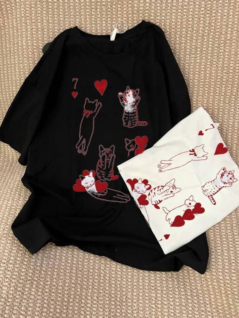 Cat Hugging Love Heavy Cotton Short Sleeve T-Shirt Women s Niche Design Sense Loose Lazy Wind Couple Top Summer M [excellent quality]