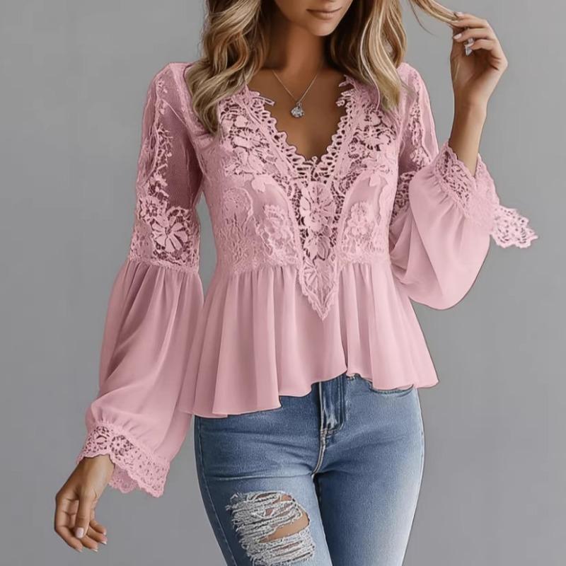 Elegant Lace Splice Hollow Out Fashion Blouse Women V Neck White Shirt Long Sleeve Sweet Casual Loose Tops Ladies Ruffled Pleated Simple Clothing