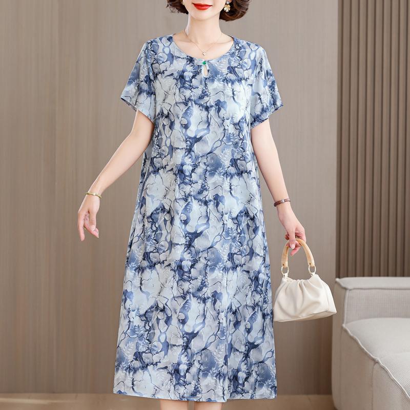 Elegant Long Dresses for Women Plus Size Loose Short Sleeve Vintage Dress Summer Middle-aged Women's Clothing