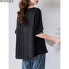 MODIQUE Spring Summer Plus Size New Women Loose Vintage Solid Black  Stripe Blouse Shirts Female Casual Oversize Short Sleeve V-Neck Top