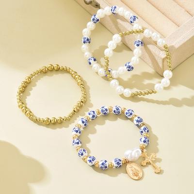 Blue and White Porcelain Beaded Bracelet, European, American Retro Chinese Style Personalized Imitation Pearl Cross Pendant Jewelry