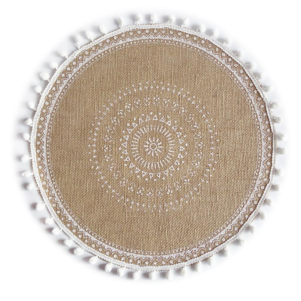 Round Placemat Cotton Place Mats Heat Resistant Anti-Slip Rustic Cloth Table Mats with Tassels for Dining Table Decorations