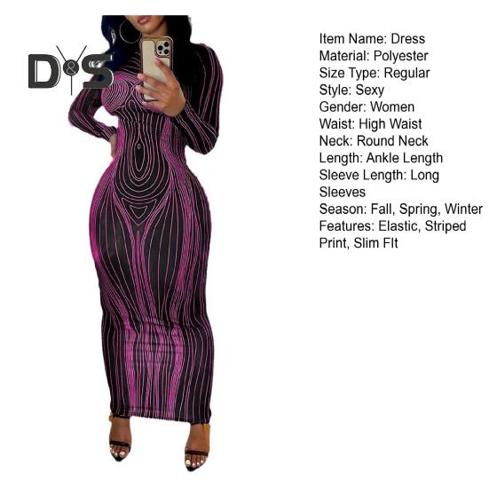 Damen-Maxikleid, schmale Passform, schmal, langärmelig, elastisch, Rundhalsausschnitt, gestreift, weich, dünn, knöchellang, Damen-Partykleid für Frühling und Herbst