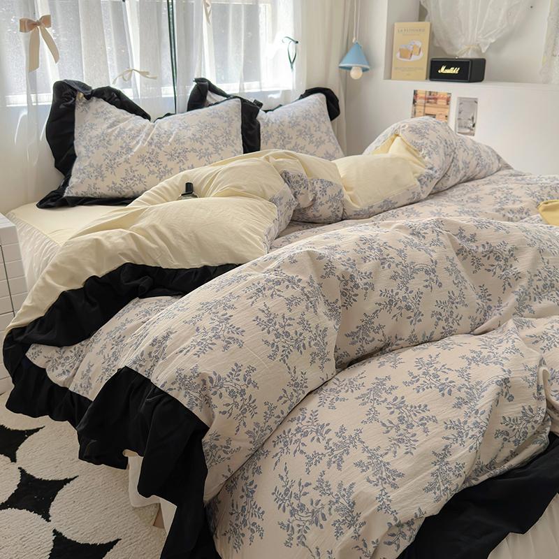 Ins Style French Romance Rose Flowers Bedding Set Washed Cotton 4pcs Bed Sheet Set Duvet Cover Set For Girl Bedding Decor Home
