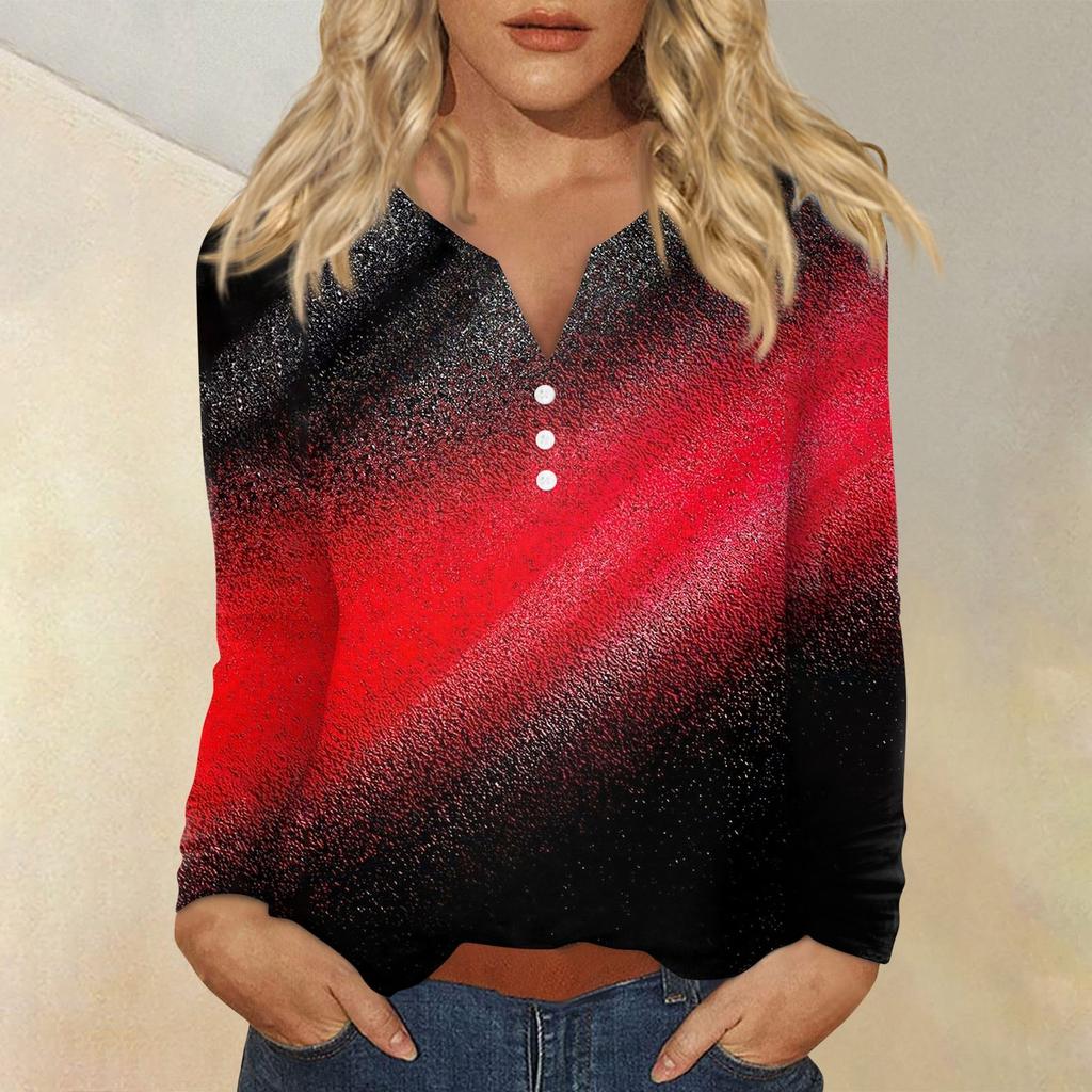 Women's Fashion Casual Printed V-neck Long Sleeve Button Up T-shirt Top