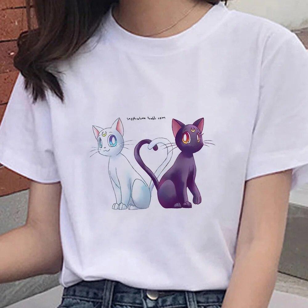 Cartoon Anime Sailor Graphic Moon Print 100 % Baumwolle T-Shirt Mode Goth Girl Kleidung Kurzarm Übergroßes Unisex Frauen T-Shirt Unisex