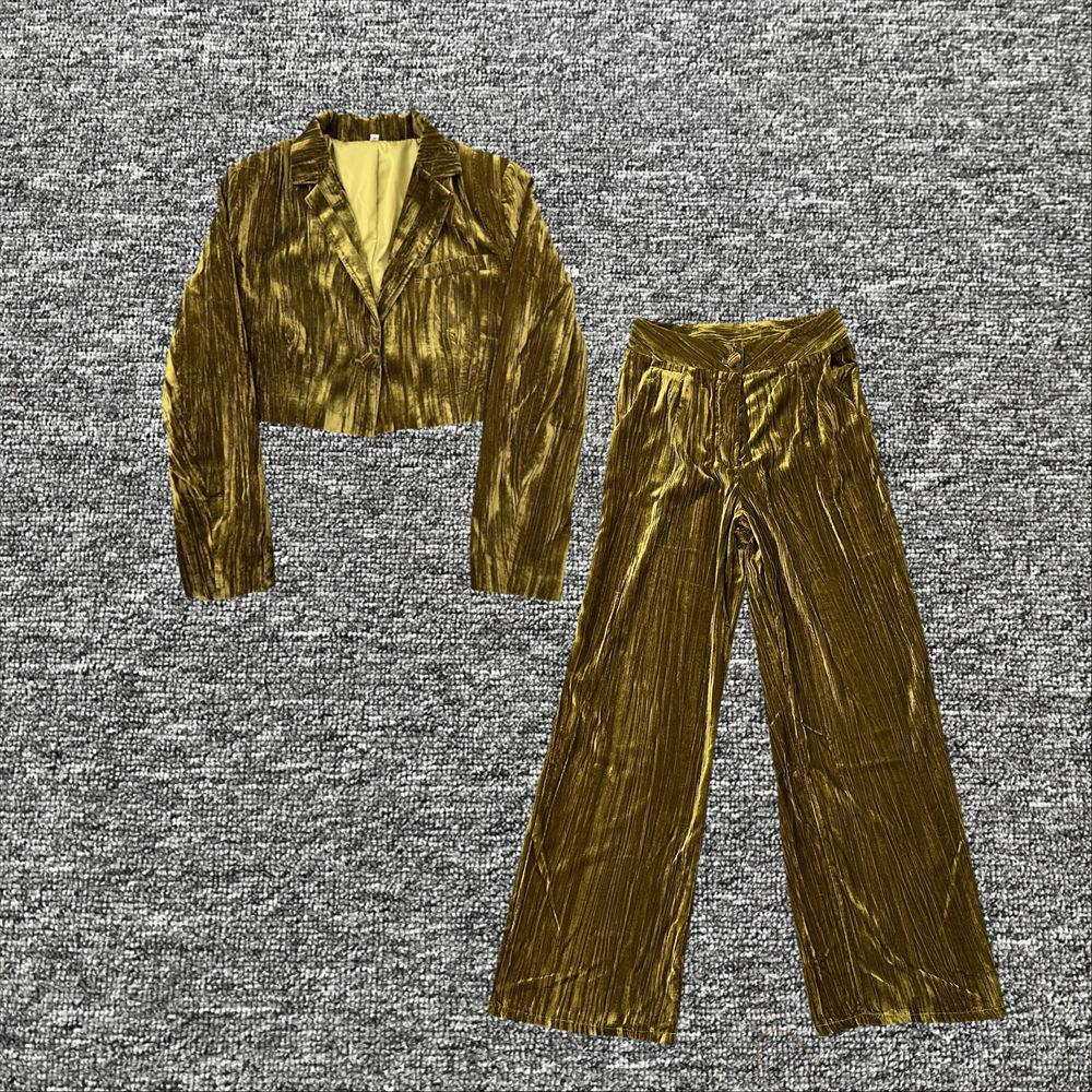 

2024 Autumn/Winter Women s Velvet Suit with Turn-Down Collar and High-Waisted Straight-Leg Pants L