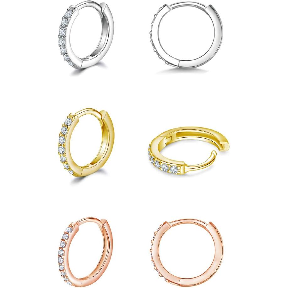 3 Pairs 925 Sterling Silver Small Hoop Earrings for Women Men | Cubic Zirconia, 14K White Gold Plated Huggie Hoop Earrings, Hypoallergenic