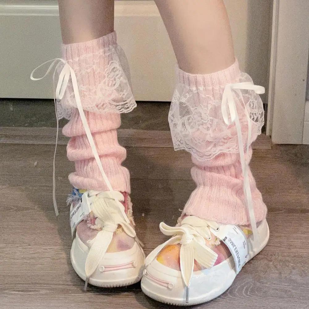 Y2K Japanese Lolita Girls Lace Bow Leg Warmer Women Knitted Warm Foot Cover Black White Knee Warmers Long Socks Jk Crochet Socks