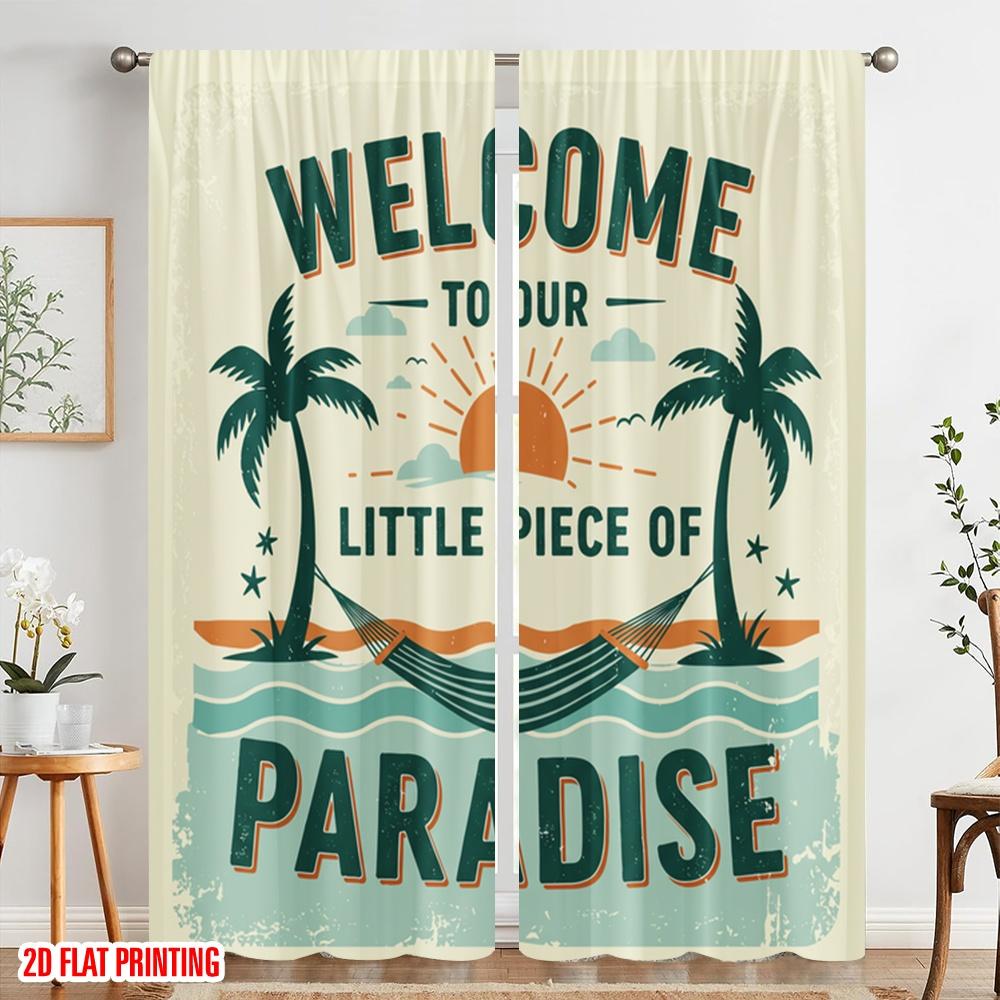 2 Stück 2D Flachdruck Fenstervorhänge Willkommen Kleines Stück Paradies Polyestergewebe Ohne Strom Festliche Feiertage für Zuhause