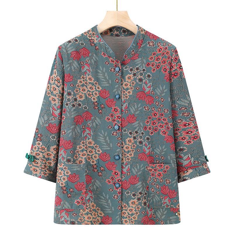 

Qiaoya Ying Floral Mid-Sleeve Blouse - Spring/Summer 2026 Chinese Style for Middle-Aged Women 5XL (145-160 lbs) зелёный