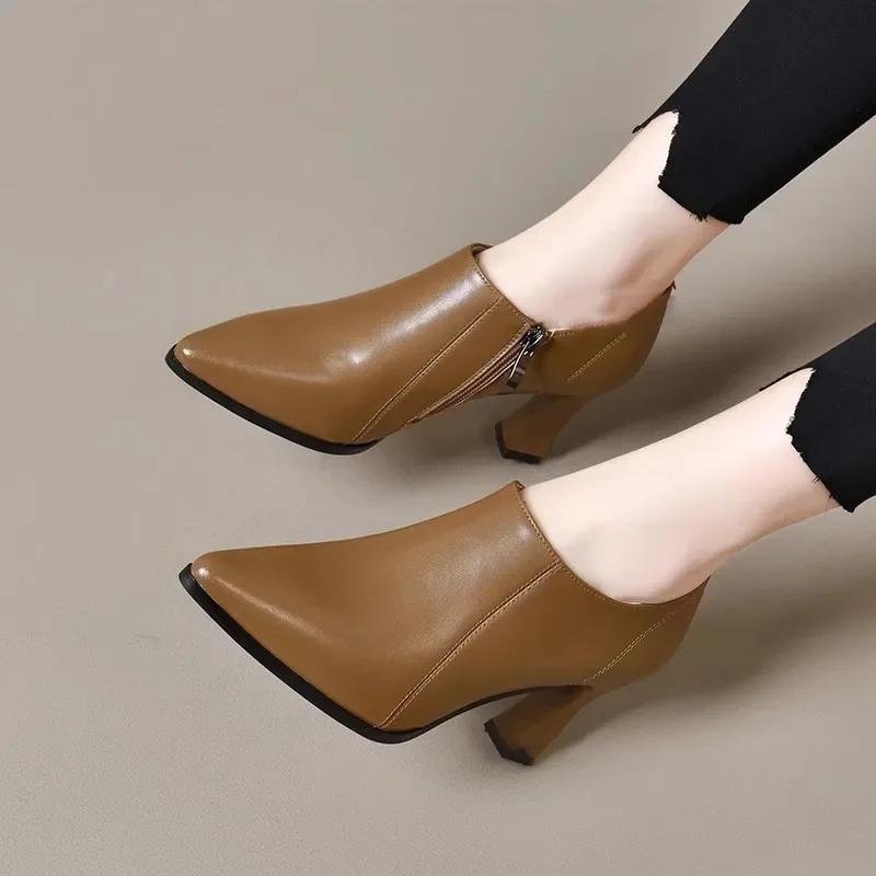 Women High top Heels Soft Leather Spring Summer New Versatile Waterproof Single Shoe Model Ankle Boot Sing 35 3390₽