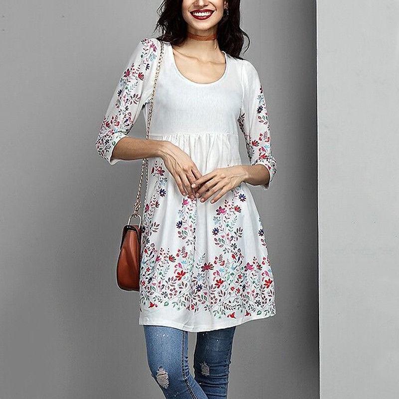 Elegantes Plus Size Damen Druck Langarm Mini Kleid T-Shirt Tunika Herbst S-5XL