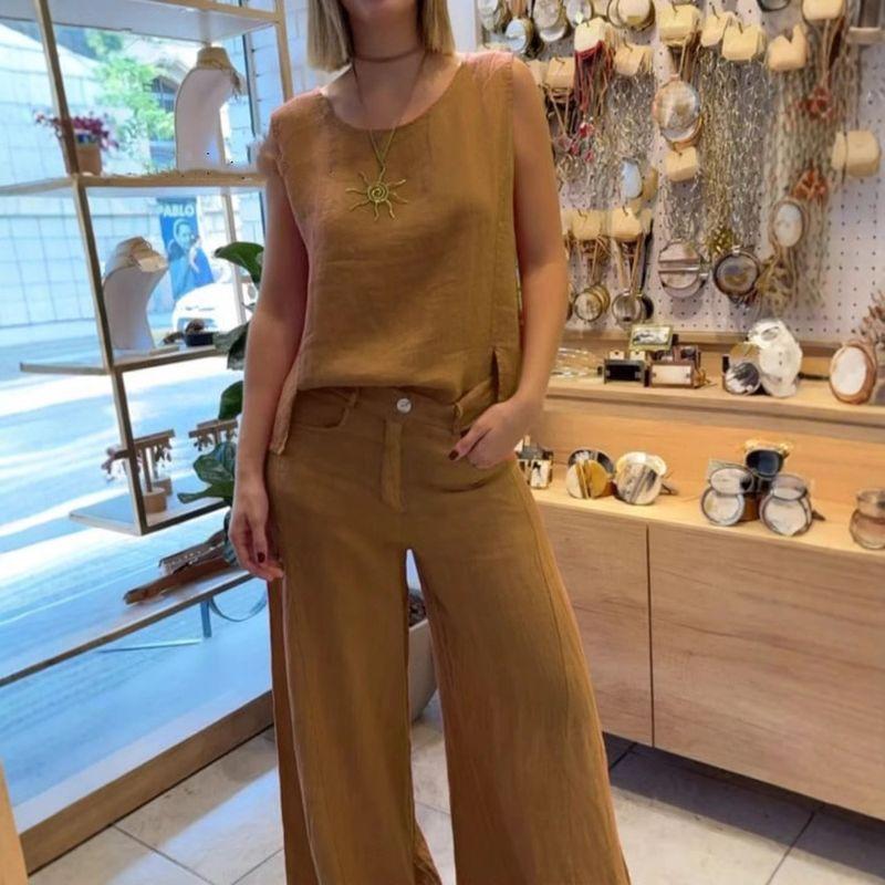 Solid-Color Sleeveless Long Pants Set Solid Sleeveless Vest Trousers Set Women