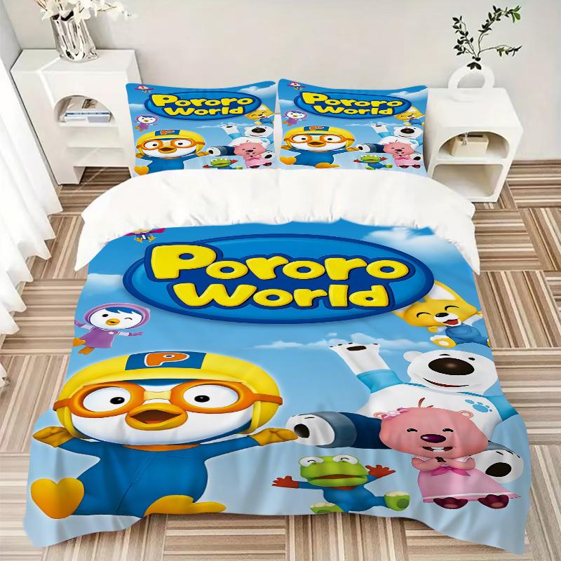 3Pcs Pororo'S Colorful Friends Bedding Set Soft Fabric Duvet Cover Pillowcases Home Christmas Xmas Halloween Gift 1 Duvet Cover 2 Pillowcase N1206