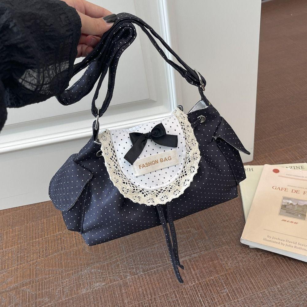 Korean Style Polka Dot Shoulder Bag Canvas Retro Underarm Bag Lace Bow Crossbody Bag Girls
