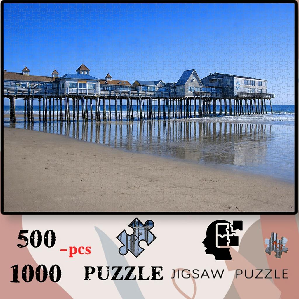 500pcs/1000pcs Seaside Pier House Reflection Jigsaw Puzzle, Enhances Observation and Concentration During Assembly, an Immersive Solitary Pastime. Mad