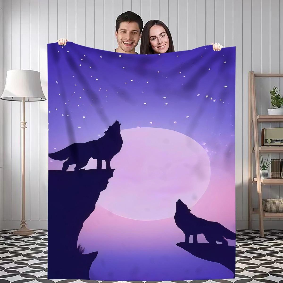 

1pc Wolf and Moon Digital Printed Design Blanket - All-Season Soft Flannel Throw with Cozy Polyester Fabric, Contemporary Geomet 75x90cm28x35in