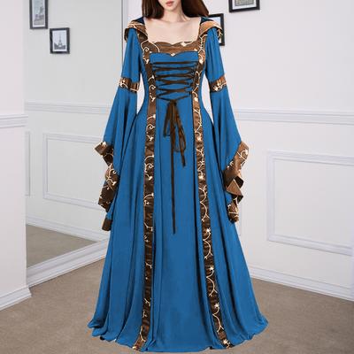 Kadın Elbise Ortaçağ Kraliyet Tarzı Bağcıklı Kapüşonlu Yarasa Kol Maksi Elbise Bel Büzgülü Kare Yaka Performans Cadılar Bayramı Rönesans Cosplay Kostümü