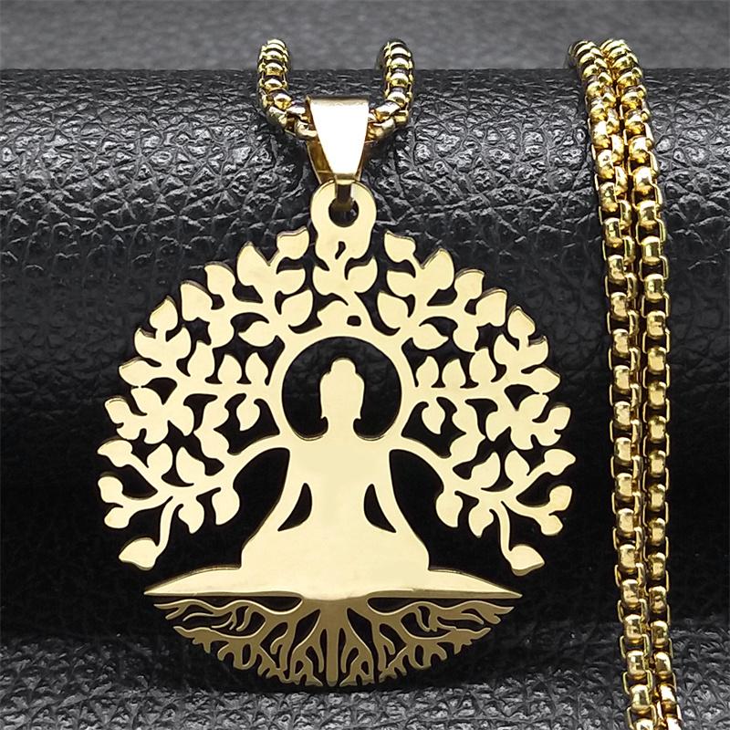 Buddhism Meditation Buddha Spiritual Necklace Stainless Steel Gold Color Buddhist Necklace Jewelry collares para mujer N4601S01