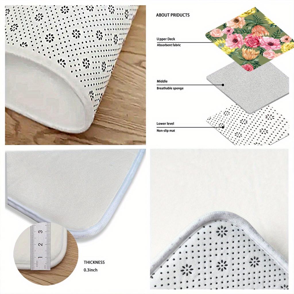 1Pcs Rose Pattern Floor Mat Floral Kitchen polyester Rug Non-Slip Colorful Indoor Carpet, For Home Bathroom Bedroom Living Room Decor