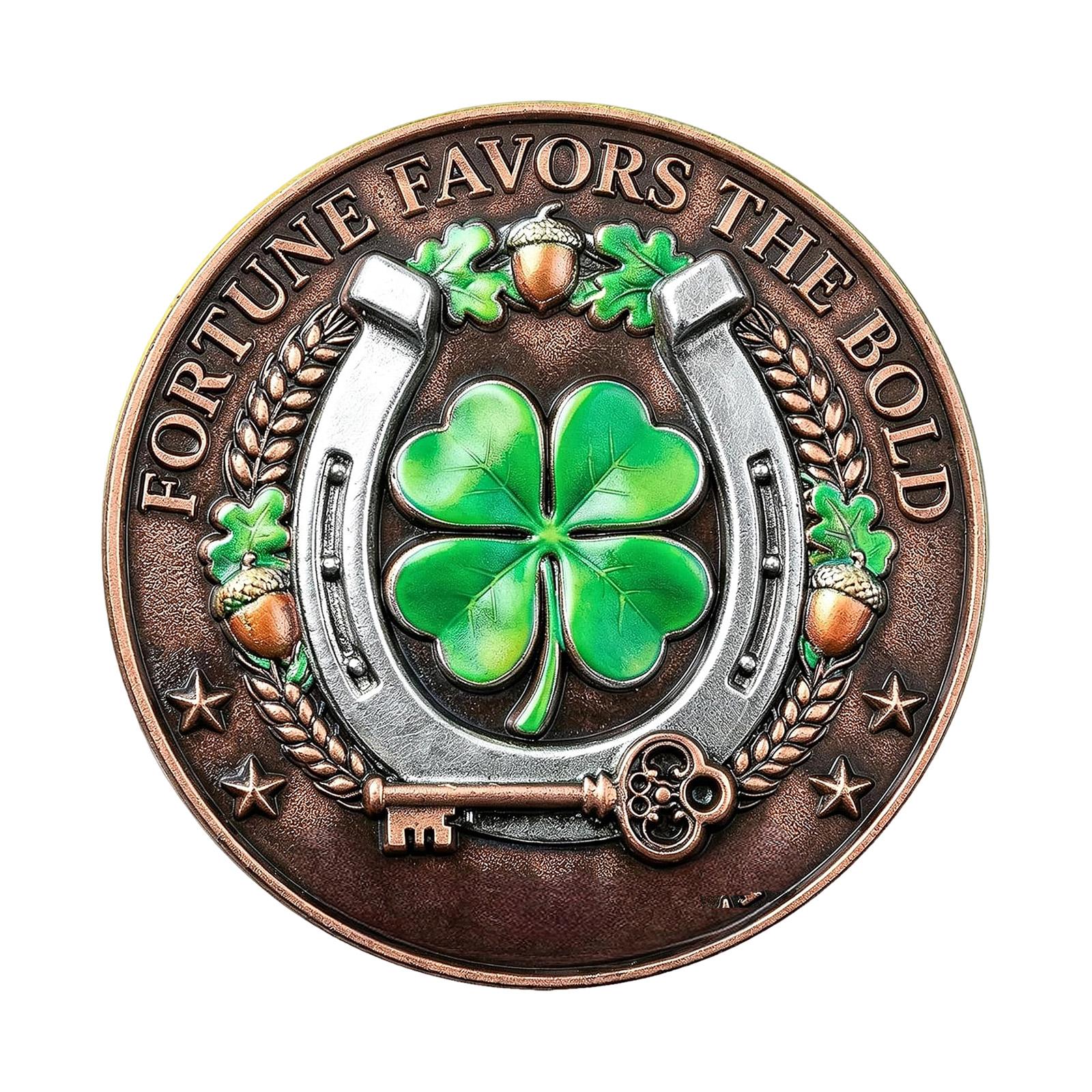 Antique Style Lucky Coin with Horseshoe Four Leaf Clover and Key Design Fortune Favors the Bold Collectible Token One Size