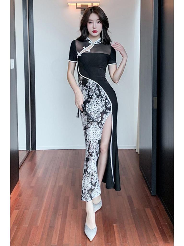 Wiosna/Lato 2024 Retro Chic Cheongsam: Kobieca Seksowna Sukienka High-End z Długim Rozcięciem