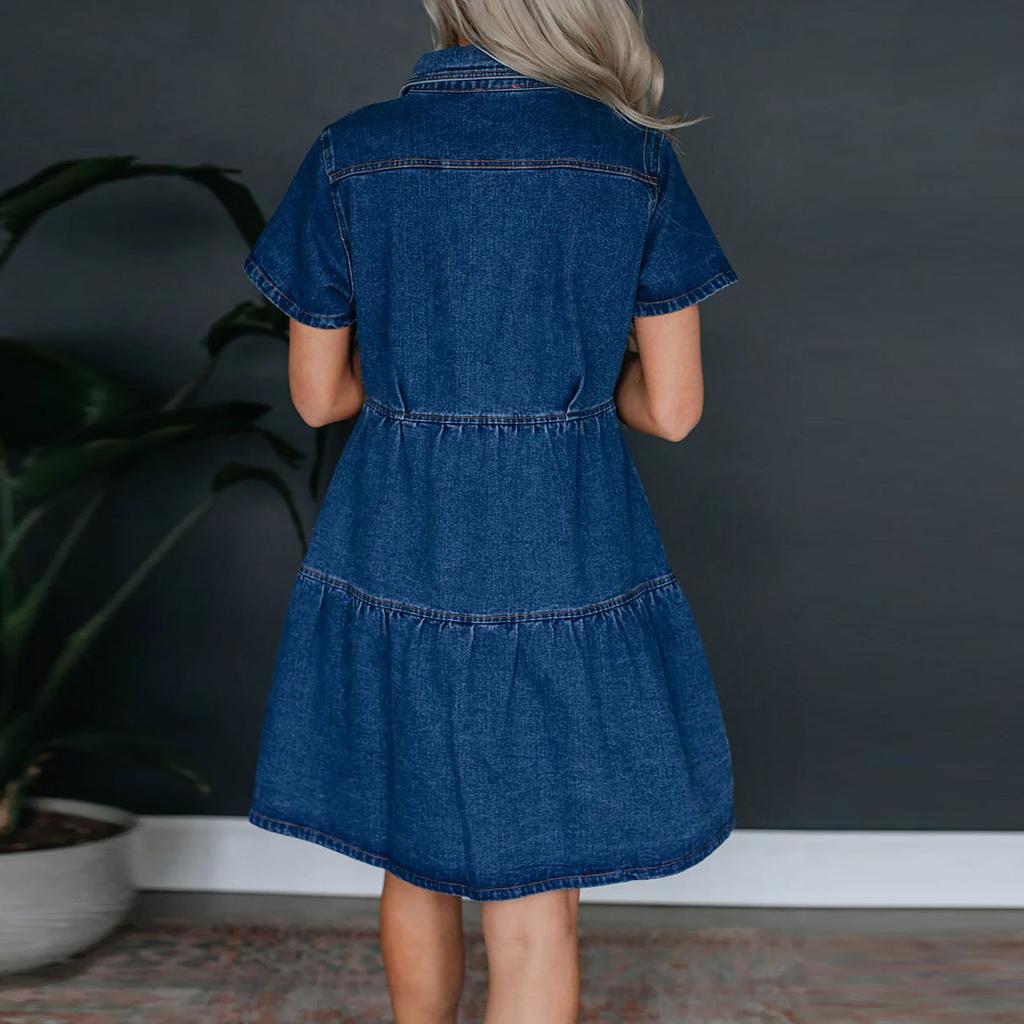 Vestido vaquero casual de manga corta con cuello para mujer
