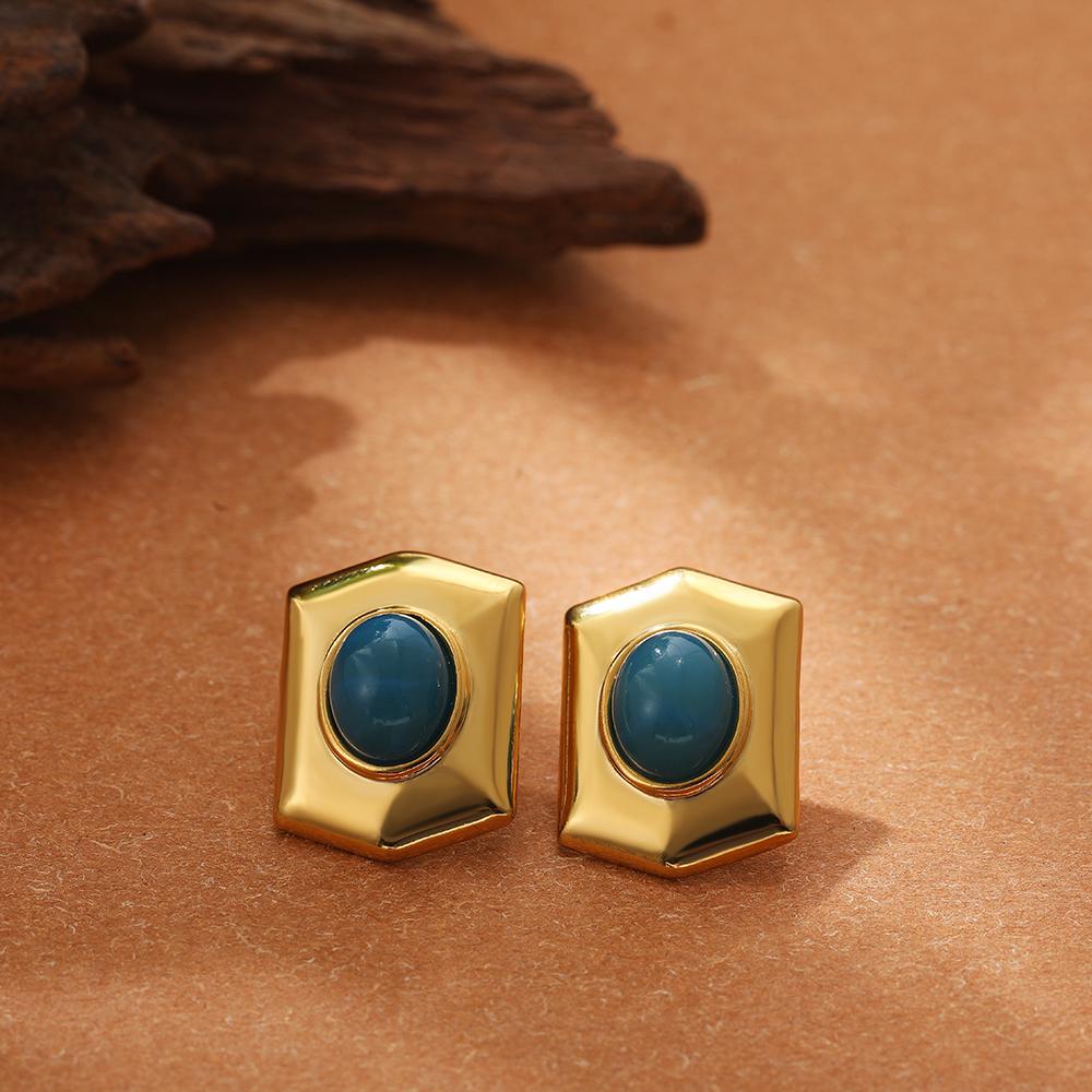 Retro Ethnic Natural Stone Round Earrings for Women Gold Plated Stainless Steel Geometric Piercing Earring Studs Boho Zircon