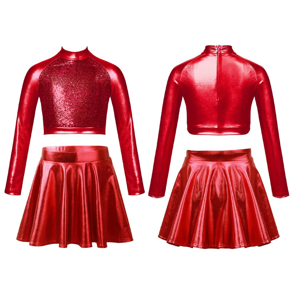 Kids Girls Glossy Metallic Dance Outfit Long Sleeve Sequin Crop Top Skating Short Skirt Suit for Figure Skating