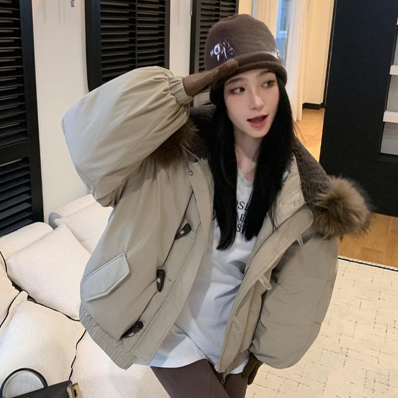 Korean Style Women Hooded Short Coat Horn Buttons Big Fur Collar Winter Warm Thickened Workwear Jacket