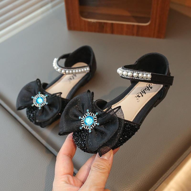 Girls Sandals Lace Mesh Bow Shiny Crystal Kids Princess Shoes for Summer 2025 Brand New Children Fashion Shoes Ins Sweet Trendy