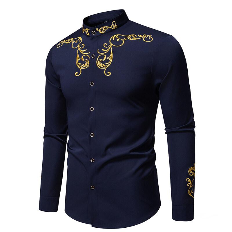 Camisa de Manga Larga Bordada para Hombre de Primavera Casual Sólida con Cuello Mao Camisas Masculinas Estilo Corte Europeo Fiesta Discoteca