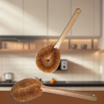 1/2pcs Natural Wood & Coconut Bristle Kitchen Cleaning Brushes with Long Handles - Reusable, Non-Electric Scouring Pads for Pots