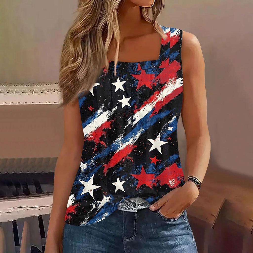 Tílko s čtvercovým límečkem Dámské tílko s potiskem Tričko Volný střih bez rukávů