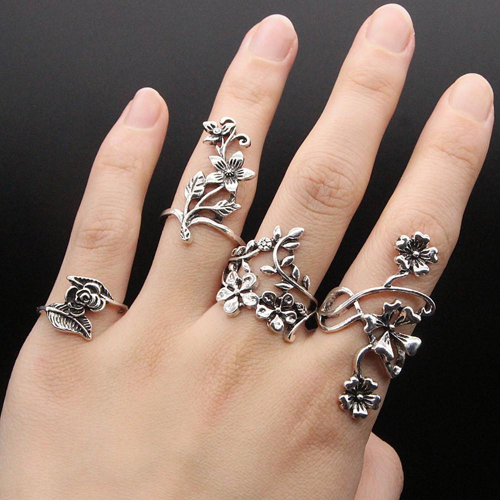 Retro 4 Pcs Hollow Flower Set Rings For Women Vintage Open Ring Punk Gothic Rock Hiphop Accessories Designer  Lovers Gift