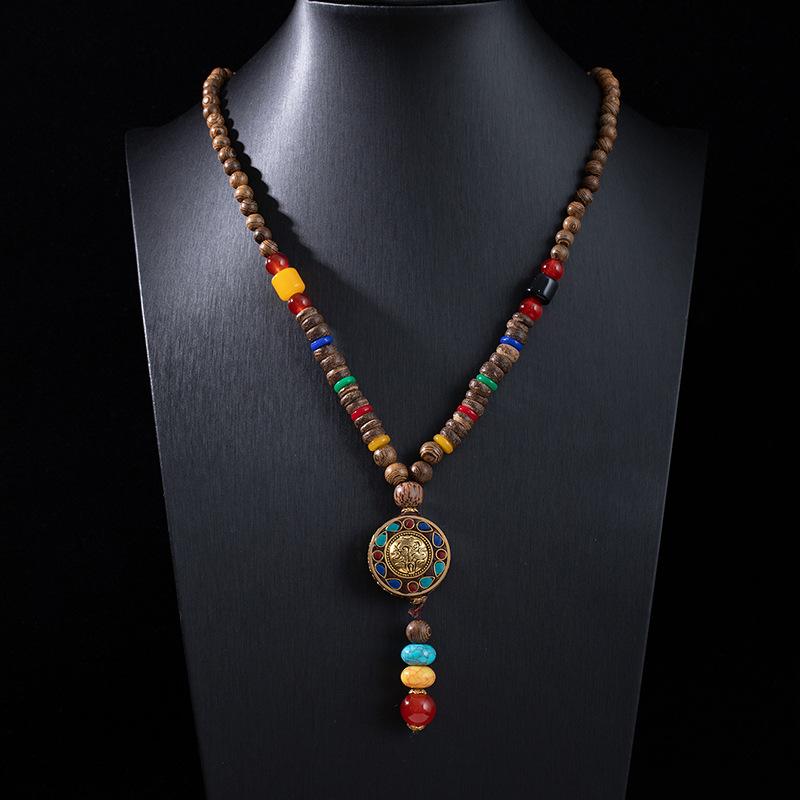 Stile Etnico Retrò Catena Lunga per Maglione Ciondolo in Pietra Bodhi con Diamante Collana con Perline di Legno Ciondolo in Cotone e Lino Tibetano Collana con Perline di Buddha