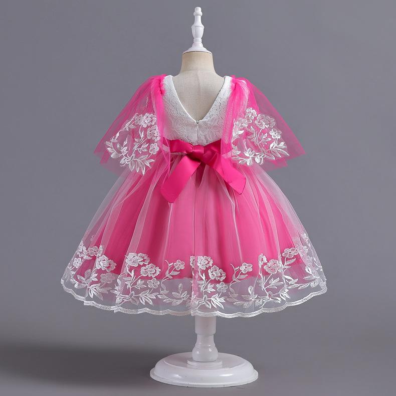 Girls Princess Dress Mesh Fluffy Dress Children's Lace Short-Sleeved Dress
