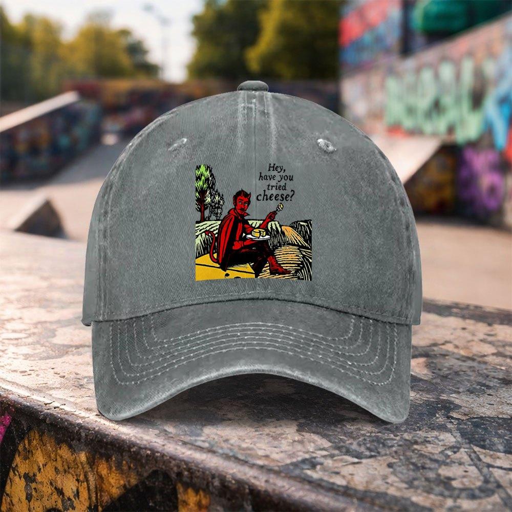 1pc Red Devil Eating Cheese Print Washed Duckbill Baseball Cap Adjustable Unisex Hat Suitable For Outdoor Sports Casual Wear