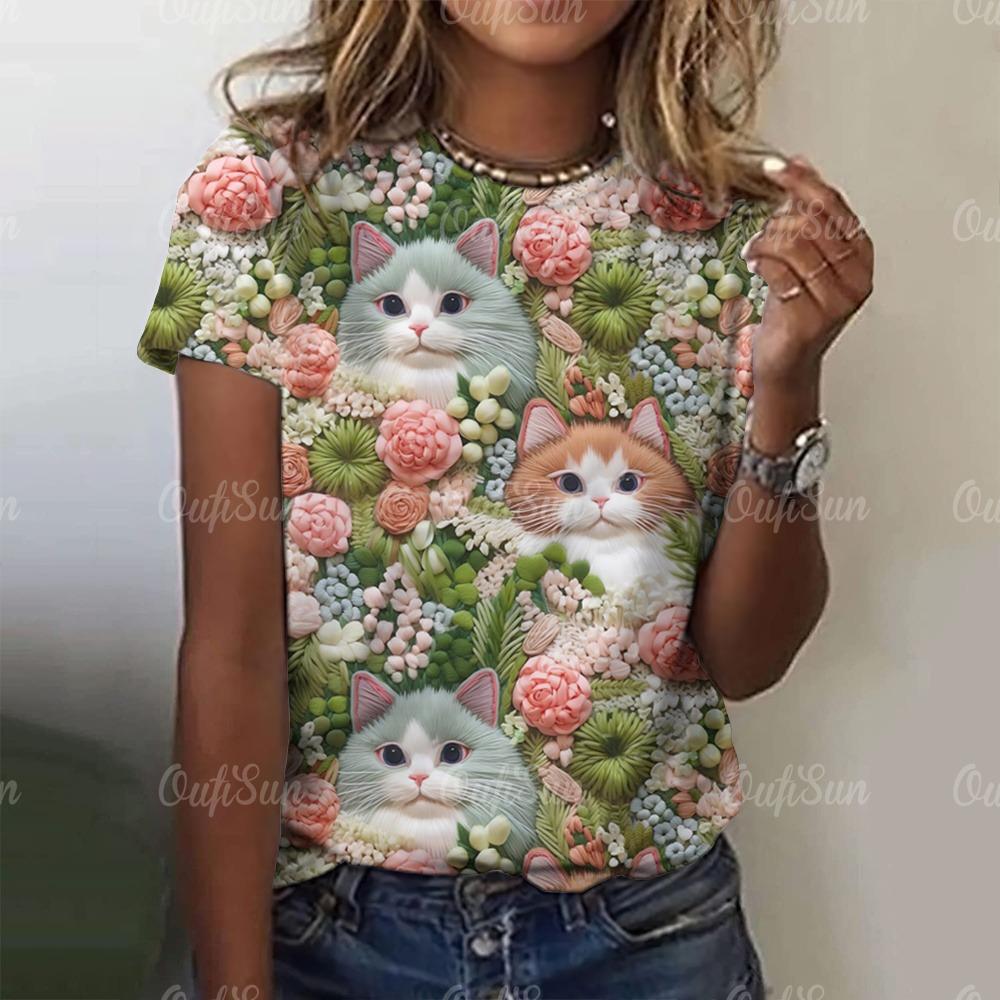 Moda de vară Tricouri 3d drăguțe cu imprimeu de pisici pentru femei Harajuku Topuri cu mânecă scurtă Casual Kawaii Tricou pentru femei Îmbrăcăminte supradimensionată pentru femei