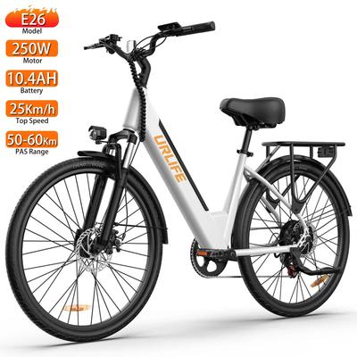 Elektrisches Fahrrad Urlife E26 26" Reifen 250W Motor City Elektrofahrrad für Erwachsene 48V 10,4Ah Doppelscheibenbremsen 7 Gänge LCD-Display Maximale Belastung 120 kg