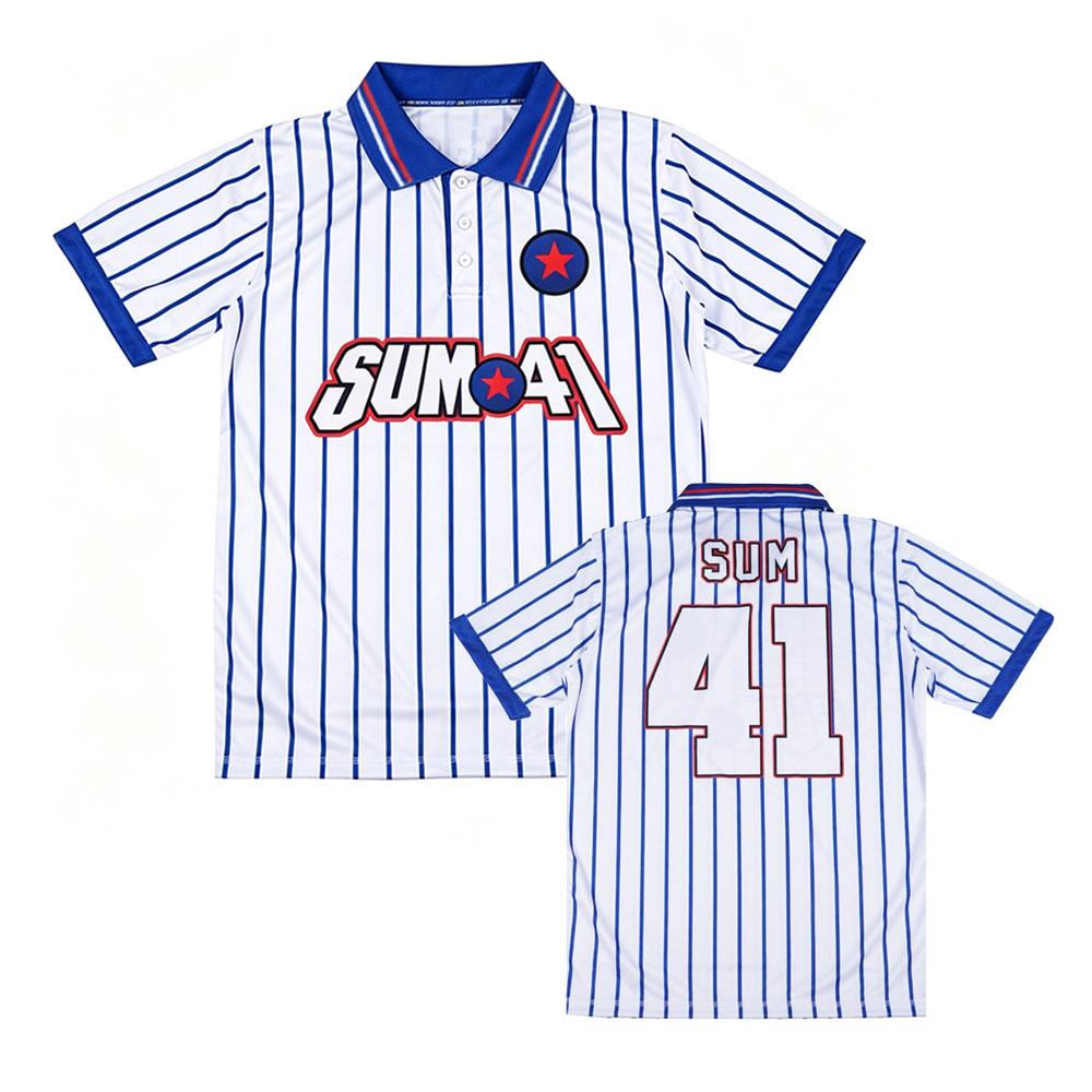 Sum41 Band Polohemd Unisex Gestreift Kurzarm Jersey Blau Weiß Vertikaler Streifen 3-Knopf-Kragen Sport Oberteil T-Shirt Herren Damen