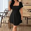 European and American large-size summer new simple temperament square collar waist bow short dress