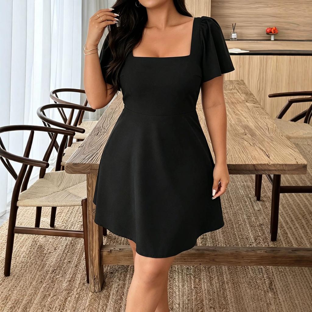 European and American large-size summer new simple temperament square collar waist bow short dress
