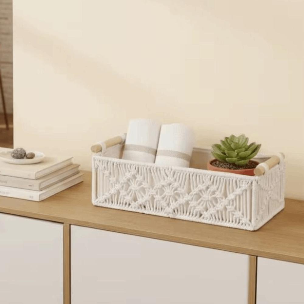Cotton Rope Macrame Organizer Box Decorative Woven Storage Basket Desktop