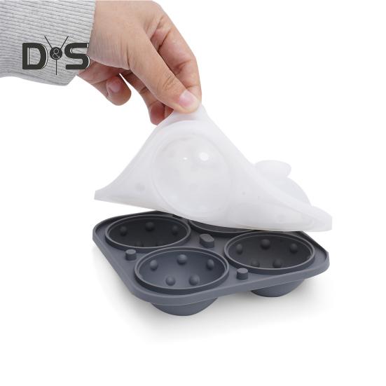 Silicone Ice Ball Tray with Lid 4 Cavities Easy Release BPA Free Summer Refrigerator Cocktail Whiskey Ice Sphere Maker Press Mold Kitchen Supplies