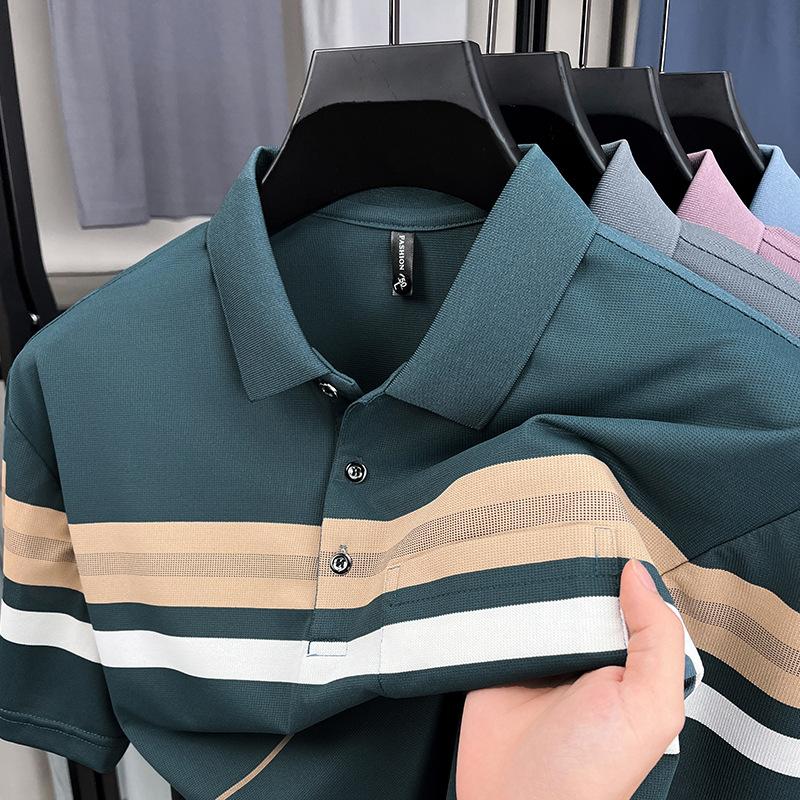 Striped Lapel Short-Sleeved T-Shirt, Men'S Plus Size Business Casual Polo Shirt