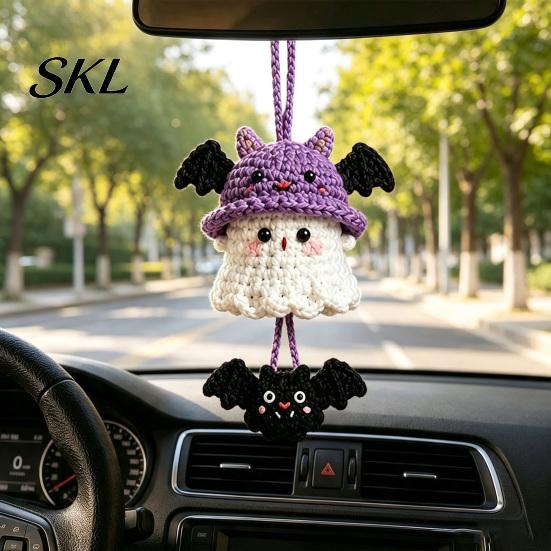 Crochet Ghost Hanging Decor Halloween Decoration, Handmade Ornament for Car Backpack Charms Rearview Mirror, Knit Yarn Pendant Holiday Hand Woven