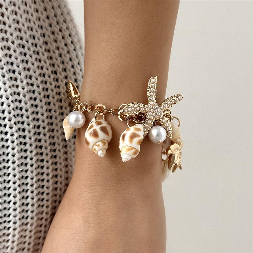 Gift Bohemian Starfish Necklace Pearl Tassel Pendant Conch Shell Bracelet Exaggerate Waist Chain for Women